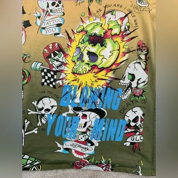 Vintage Y2K Ed Hardy Christian Audigier Men’s Size Extra Large XL AOP Skull Tee - Picture 7 of 9